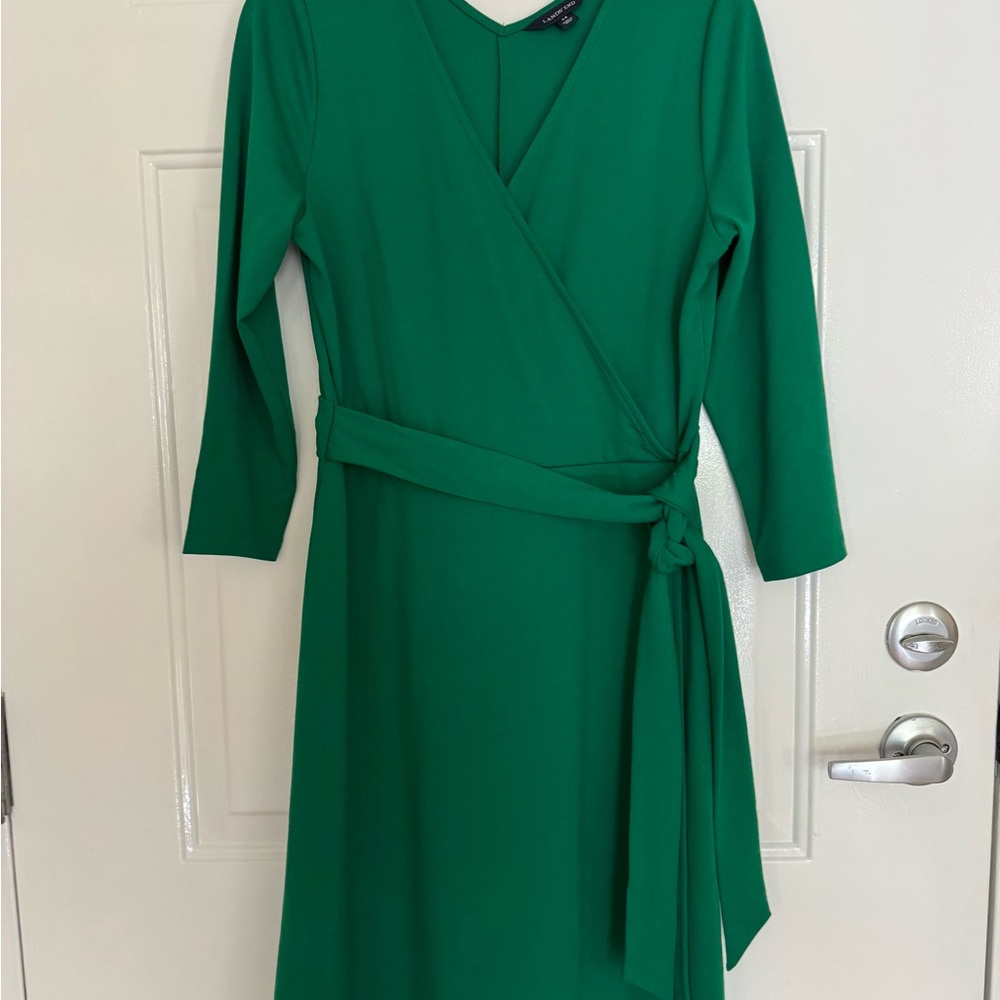 Lands' End Green Wrap Sheath Dress V-Neck 3/4 Sleeve